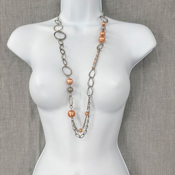 Long Silver-Tone Chain Necklace with Peach Beads 32"-35" Lobster Clasp Y2K Style - Picture 1 of 7